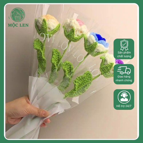 Hoa hồng len handmade lẻ 1 bông 100% thủ công